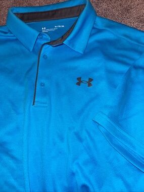 Under Armour Heat Gear Polo Shirt Blue Short Sleeve Mans * XL * 100%  Polyester